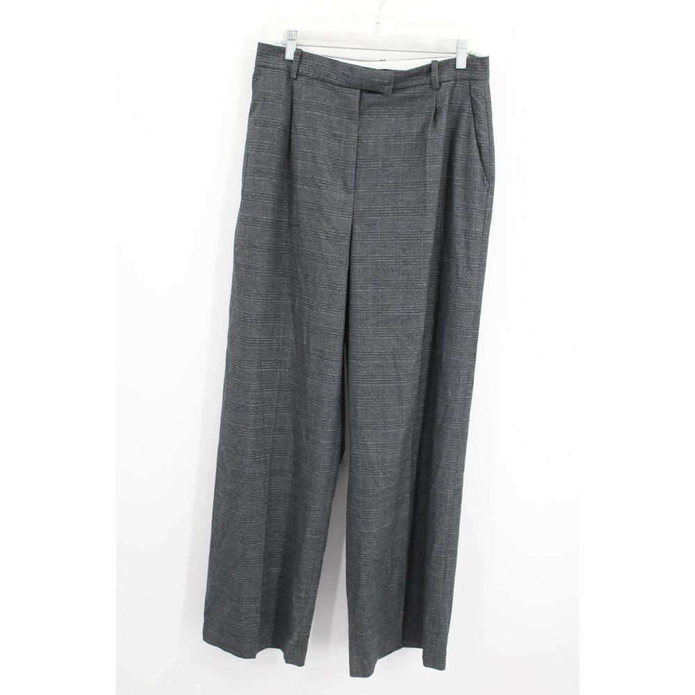 Zara Women Wide Leg Pleated Trousers Plaid Gray Bue Size Large NEW Career